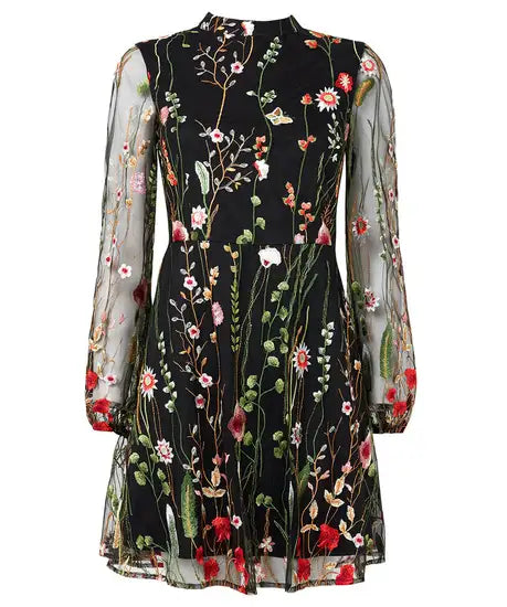 High Neck Floral Black Dress wf149