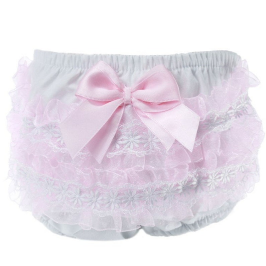 Pink frilly pant with organza lace, flower trim and satin bow  (0-18months)