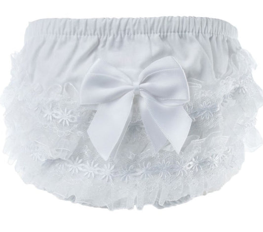 White frilly pant with organza lace , flower trim and satin bow (0-18months)