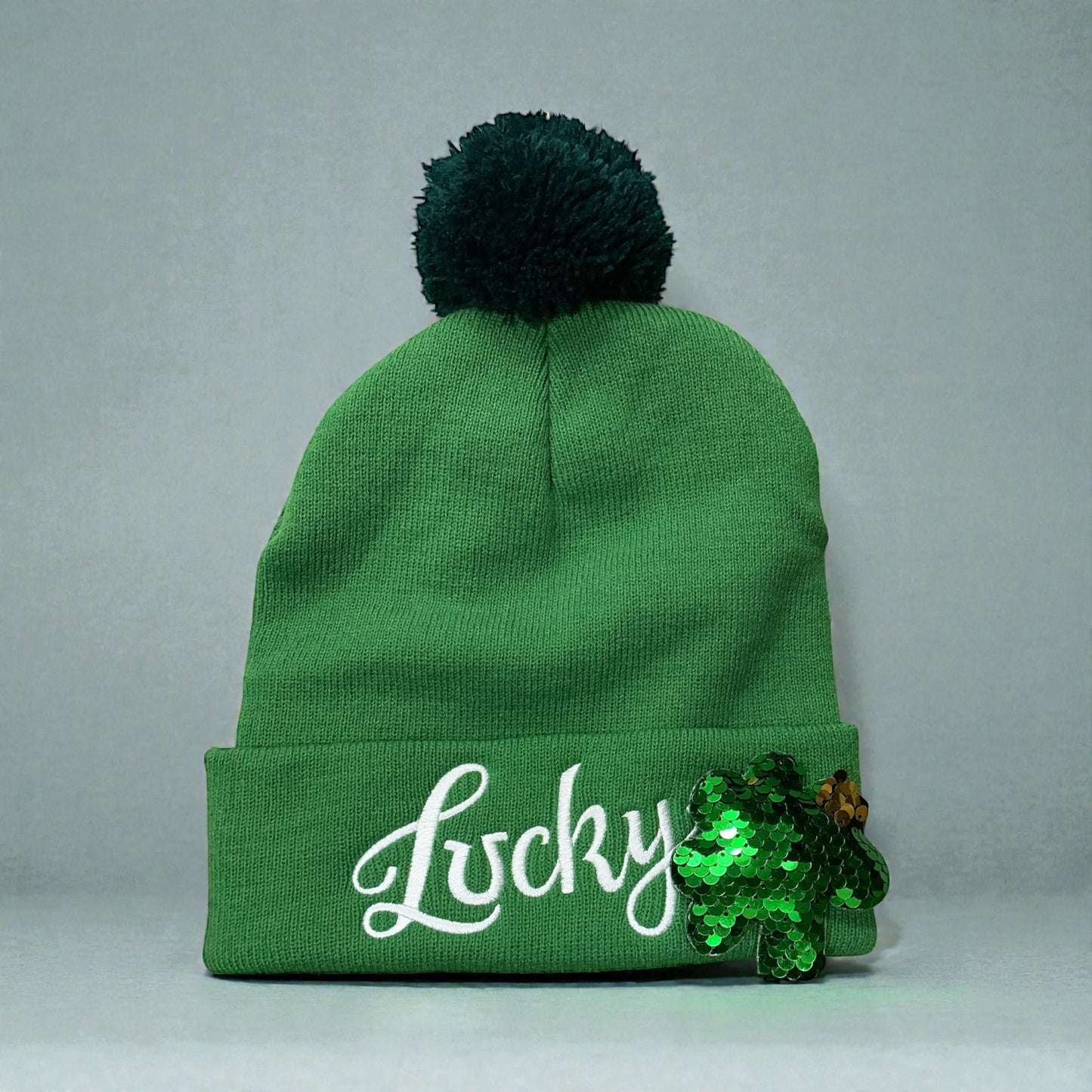 Lucky Bobble Hat Sequin Shamrock