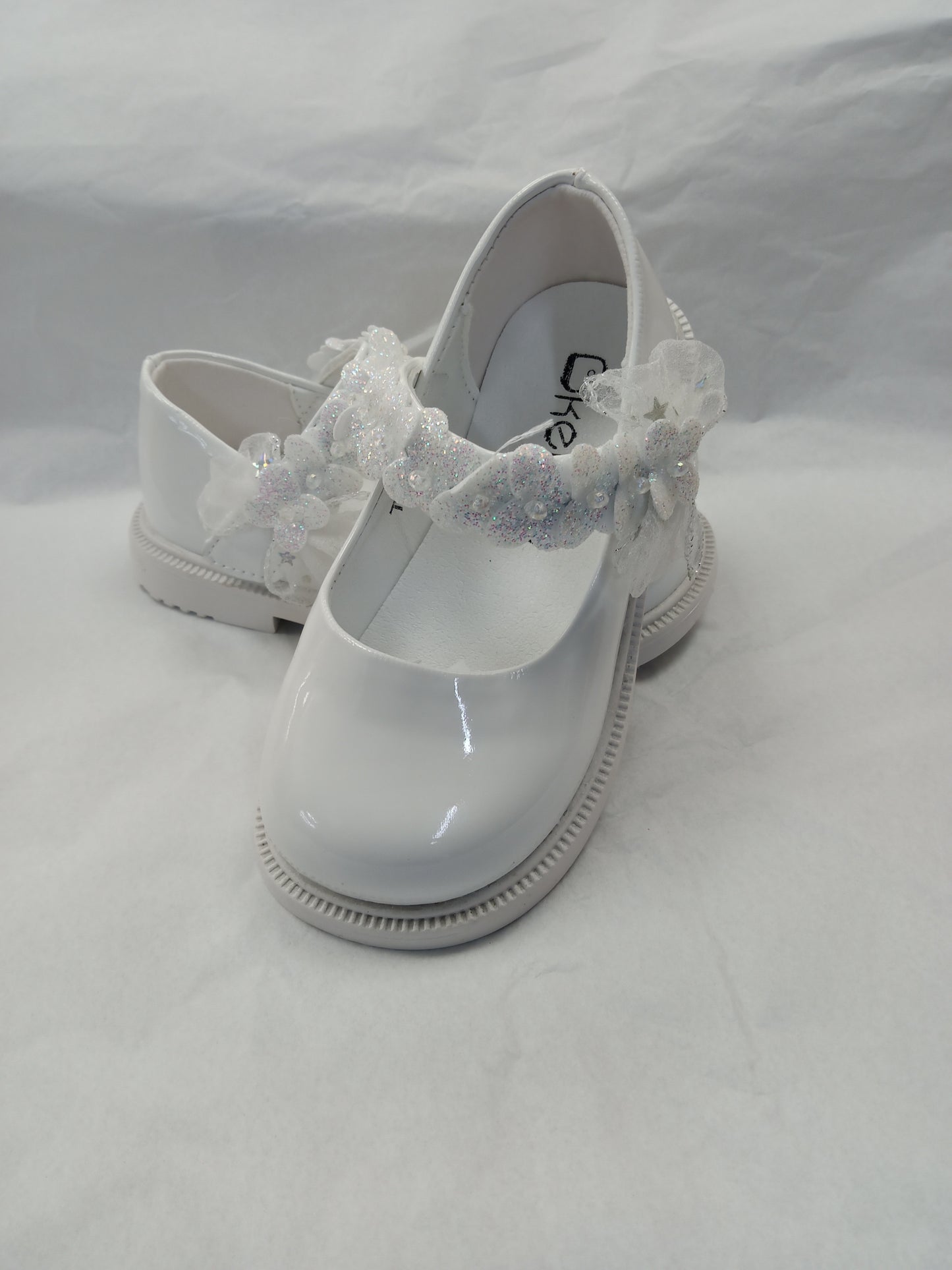 White Patent Shoe with Flower Strap