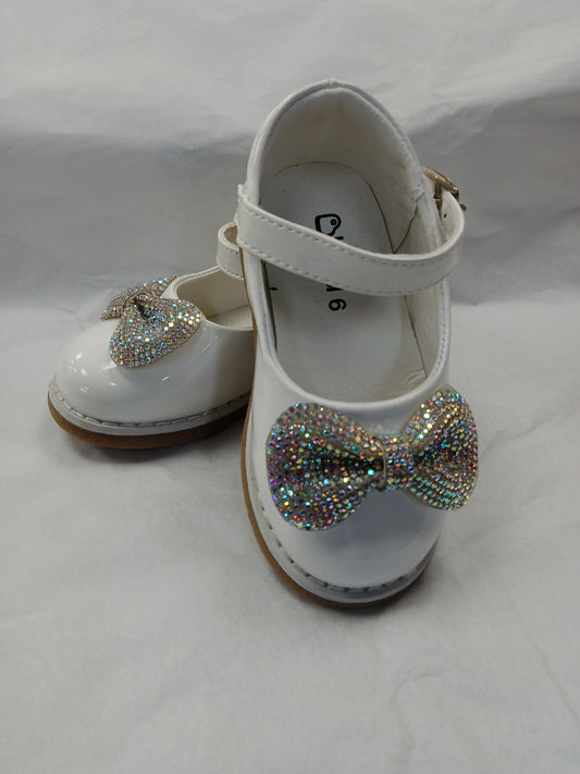 White Patent Shoe with Diamante Bow