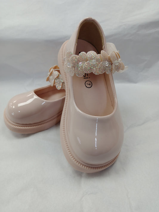 Beige Patent Shoe with Flower Strap
