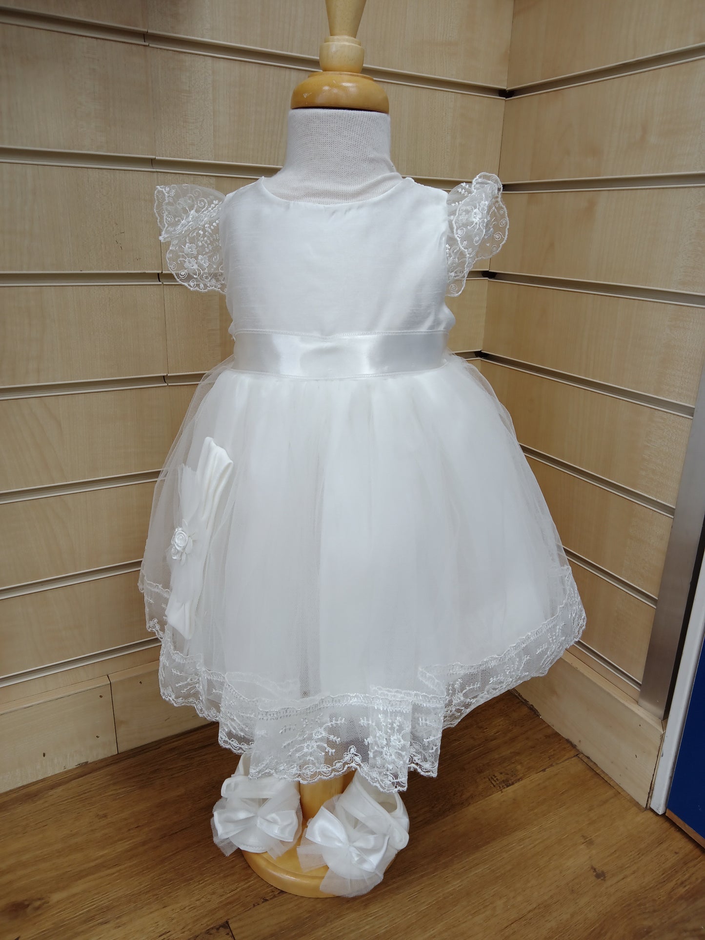 Ivory Lace Trim and Sleeve Christening Gown