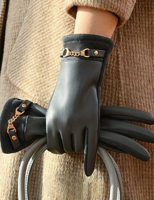 Grey Leather Gloves With Gold Chain