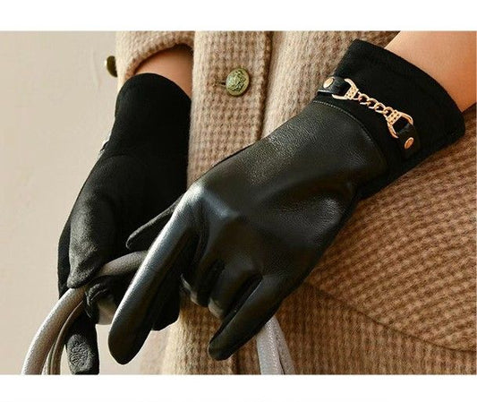 Black Leather Gloves With Gold Chain