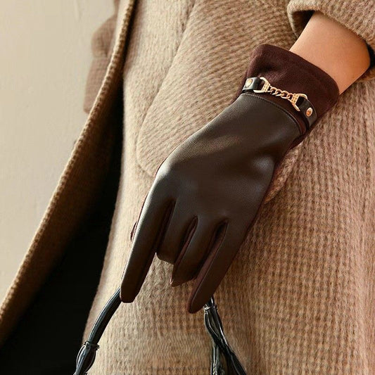 Chocolate Leather Gloves With Gold Chain