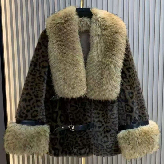 Brown Leopard Print Coat With Collar and Cuff Fur Detailing