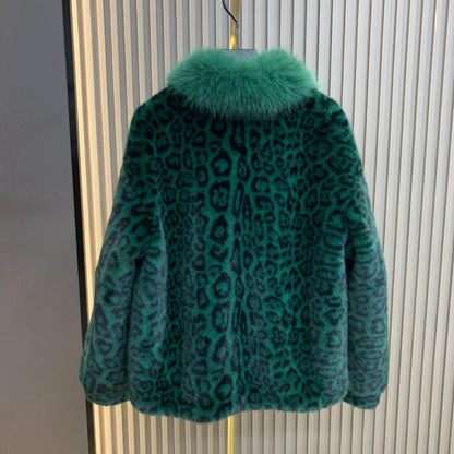 Green Buckled Leopard Print Fur Jacket