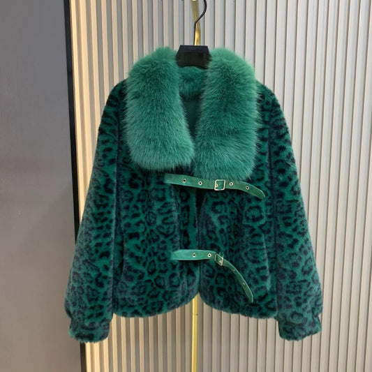 Green Buckled Leopard Print Fur Jacket