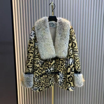 Leopard Print Coat With Collar and Cuff Fur Detailing