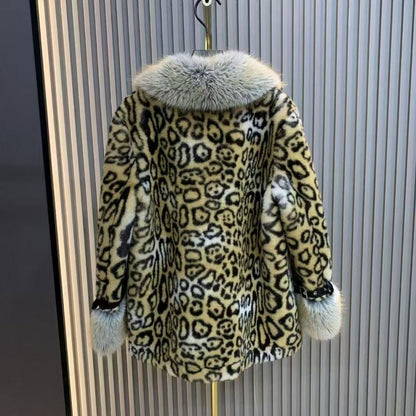Leopard Print Coat With Collar and Cuff Fur Detailing