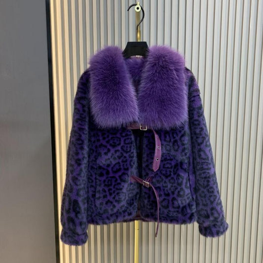 Purple Buckled Leopard Print Fur Jacket
