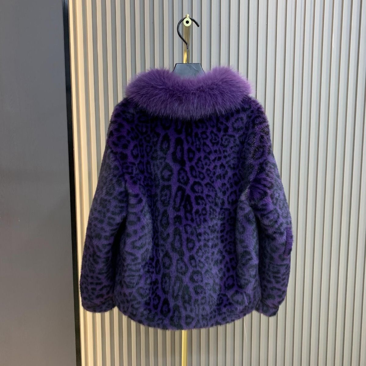 Purple Buckled Leopard Print Fur Jacket