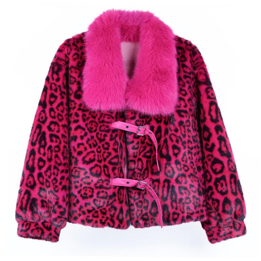 Raspberry Buckled Leopard Print Fur Jacket