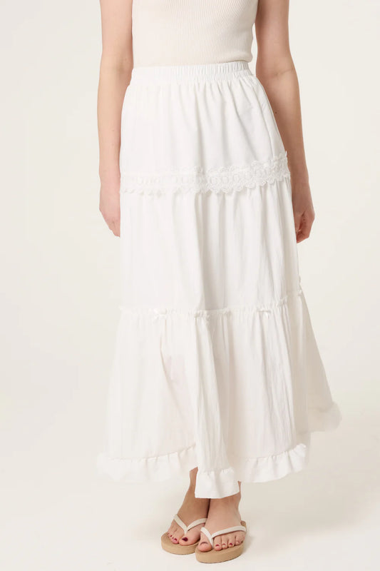 White Lace and Bow Trim Tiered Skirt
