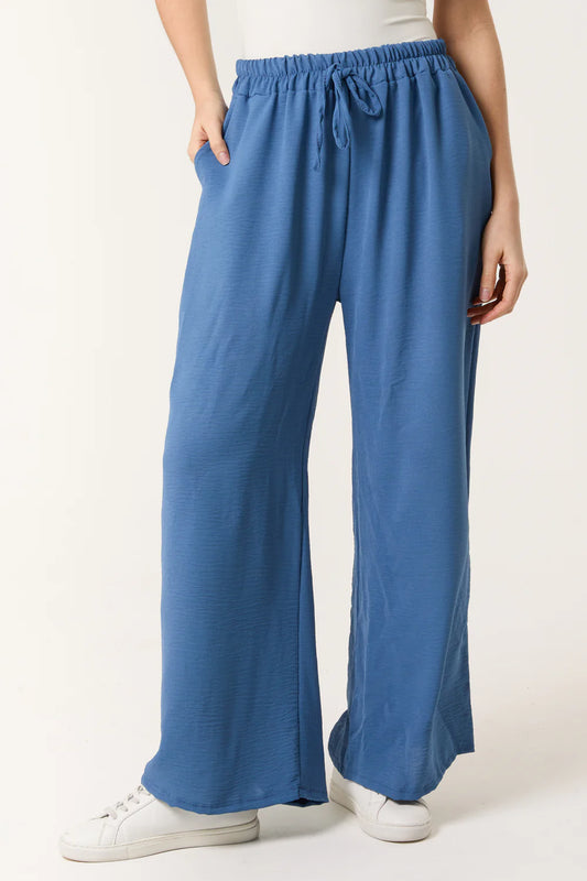 Denim Blue Drawstring Viscose Crepe Trousers