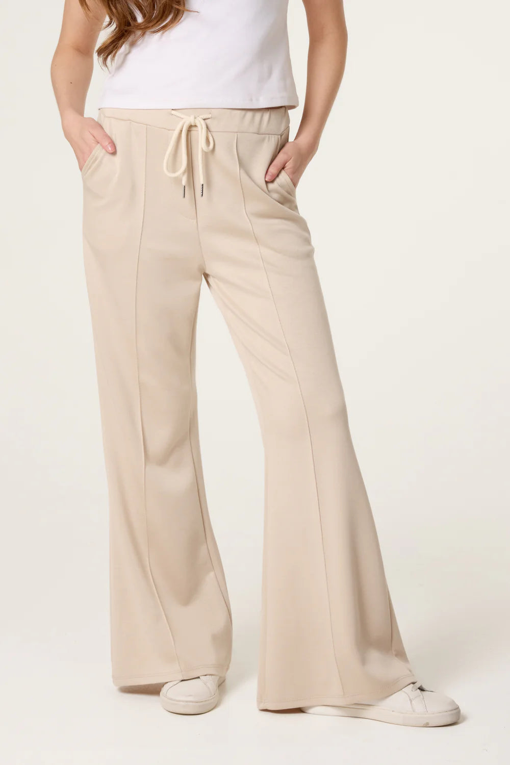 Beige Drawstring Front Crease Flares