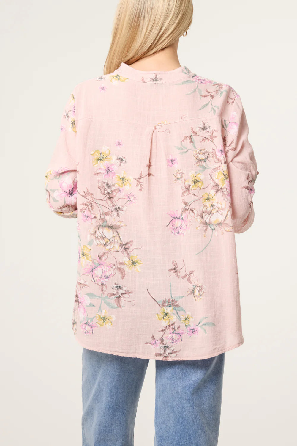Pink Grandad Collar Floral Cotton Blouse