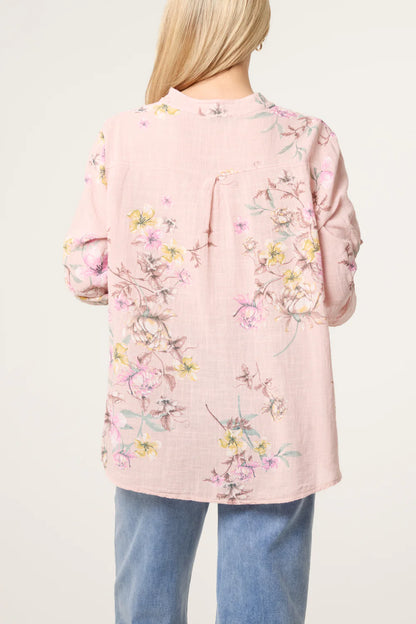 Pink Grandad Collar Floral Cotton Blouse