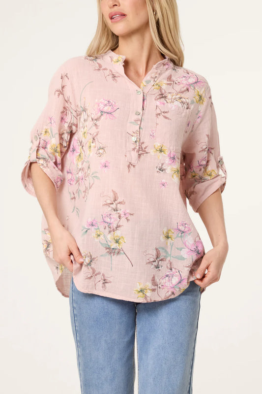 Pink Grandad Collar Floral Cotton Blouse