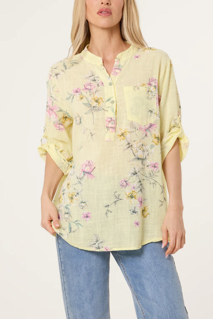 Lemon Grandad Collar Floral Cotton Blouse