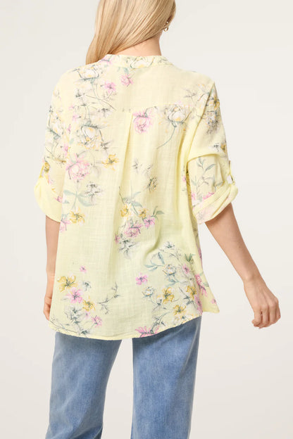 Lemon Grandad Collar Floral Cotton Blouse