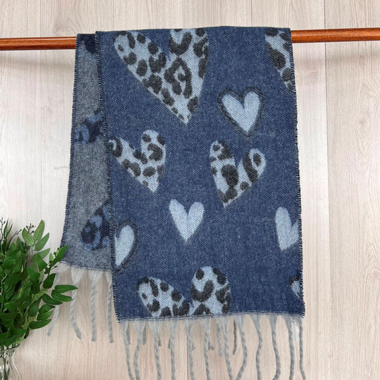 Navy Chunky Winter Scarf With Leopard Print Heart Design