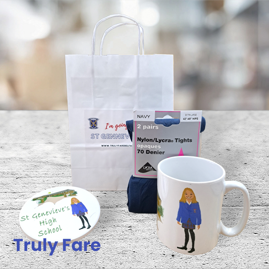 St Genevieve's coaster, tights, cup and gift bag set