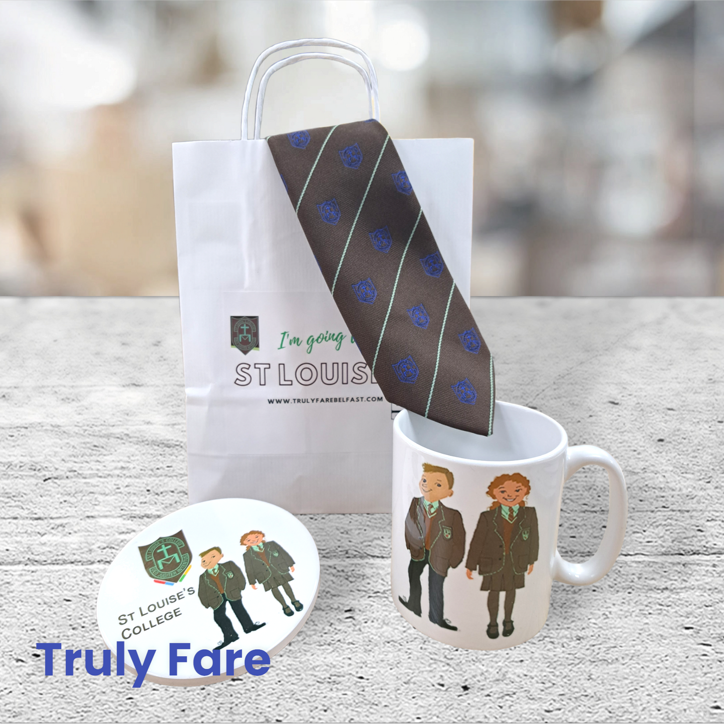St Louise's coaster, tie, cup and gift bag set