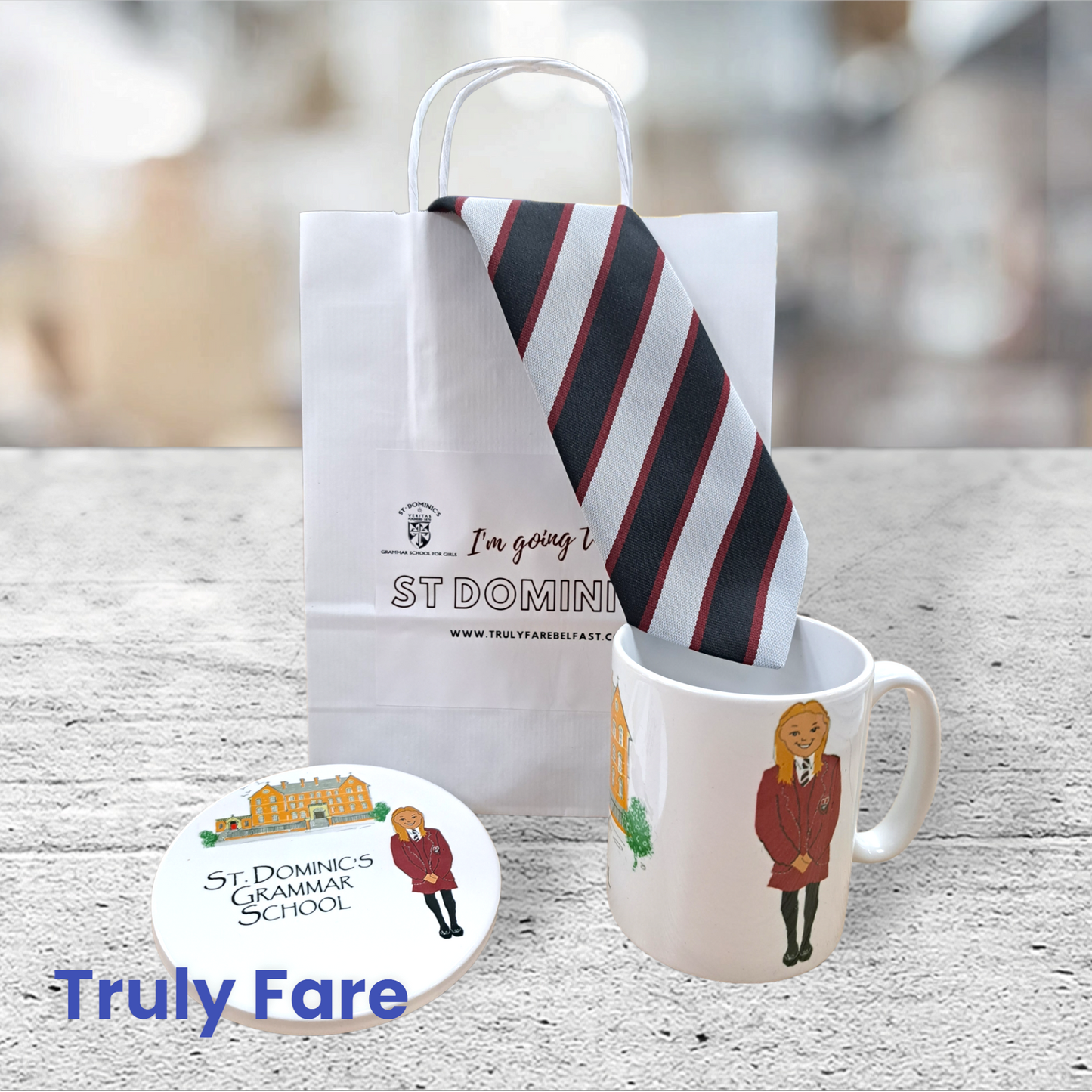 St Dominic's coaster, tie, cup and gift bag set keepsake