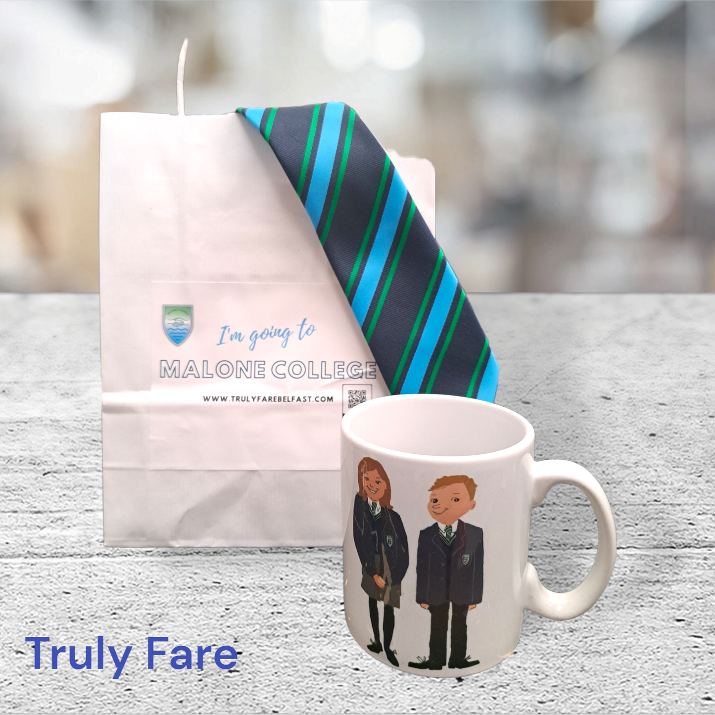 Malone tie, cup, coaster and gift bag set keepsake