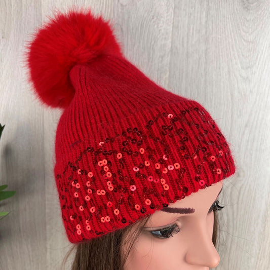 Red Knitted Pom-Pom Hat With Sequenced Turnover