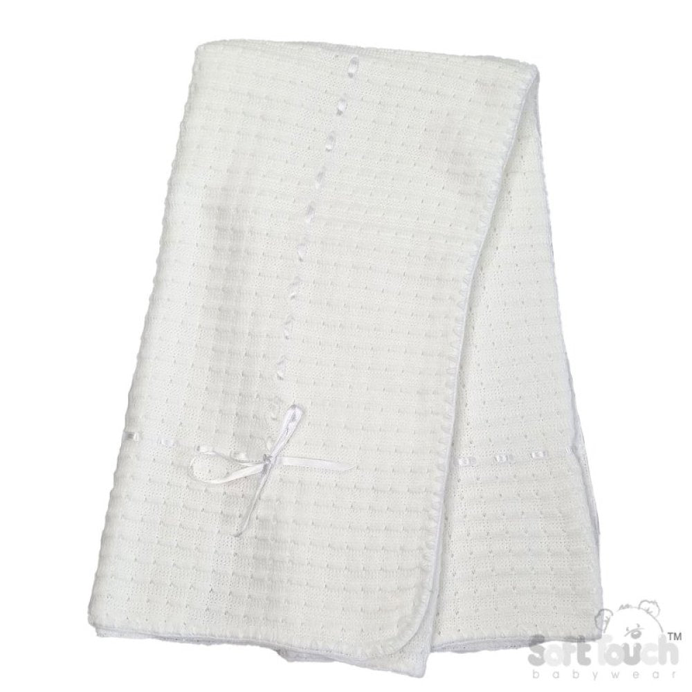 White Waffle Shawl With Ribbon Detail