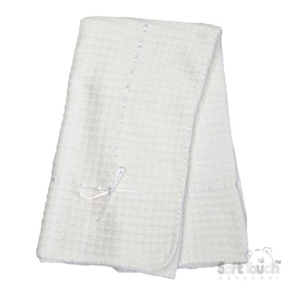 White Waffle Shawl With Ribbon Detail