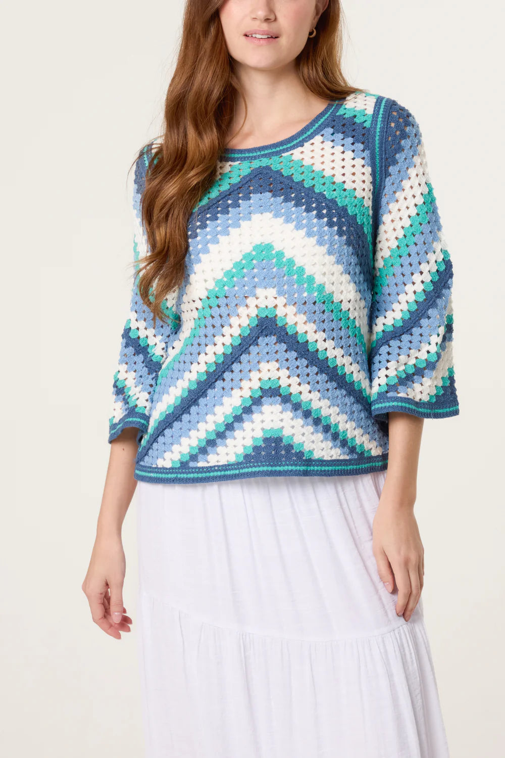 Blue Chevron Crochet Wide Sleeve Top
