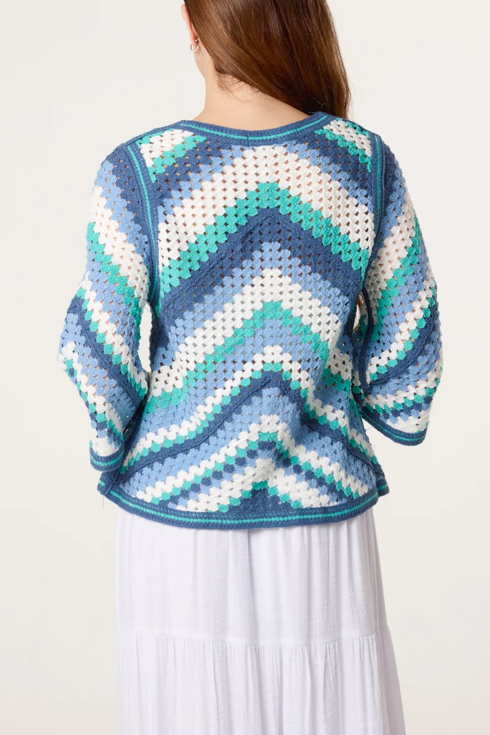 Blue Chevron Crochet Wide Sleeve Top