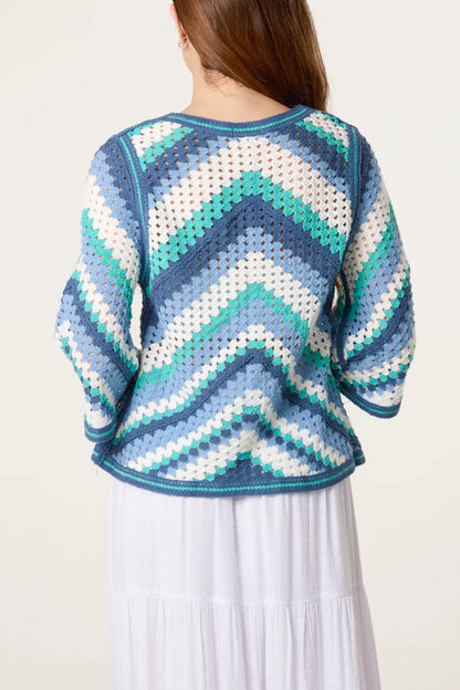 Blue Chevron Crochet Wide Sleeve Top