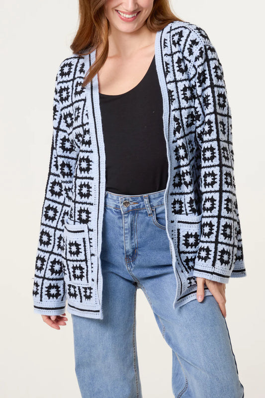 Squares and Floral Crochet Cardigan in Blue