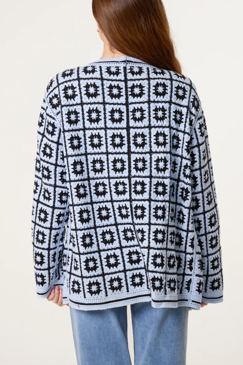 Squares and Floral Crochet Cardigan in Blue