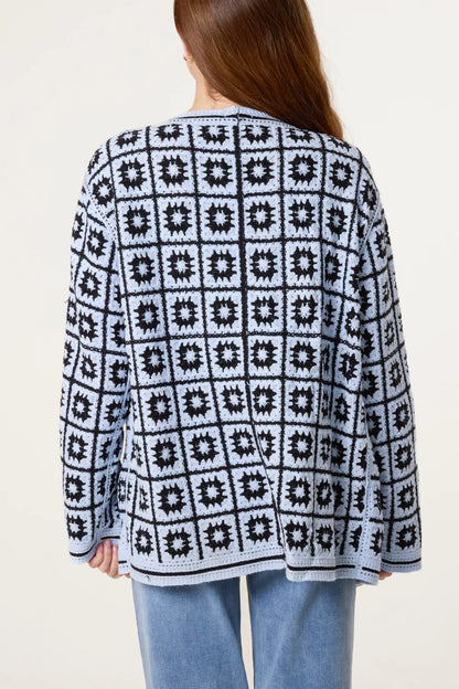 Squares and Floral Crochet Cardigan in Blue