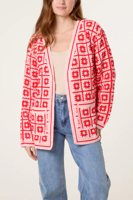 Squares and Floral Crochet Cardigan in Red