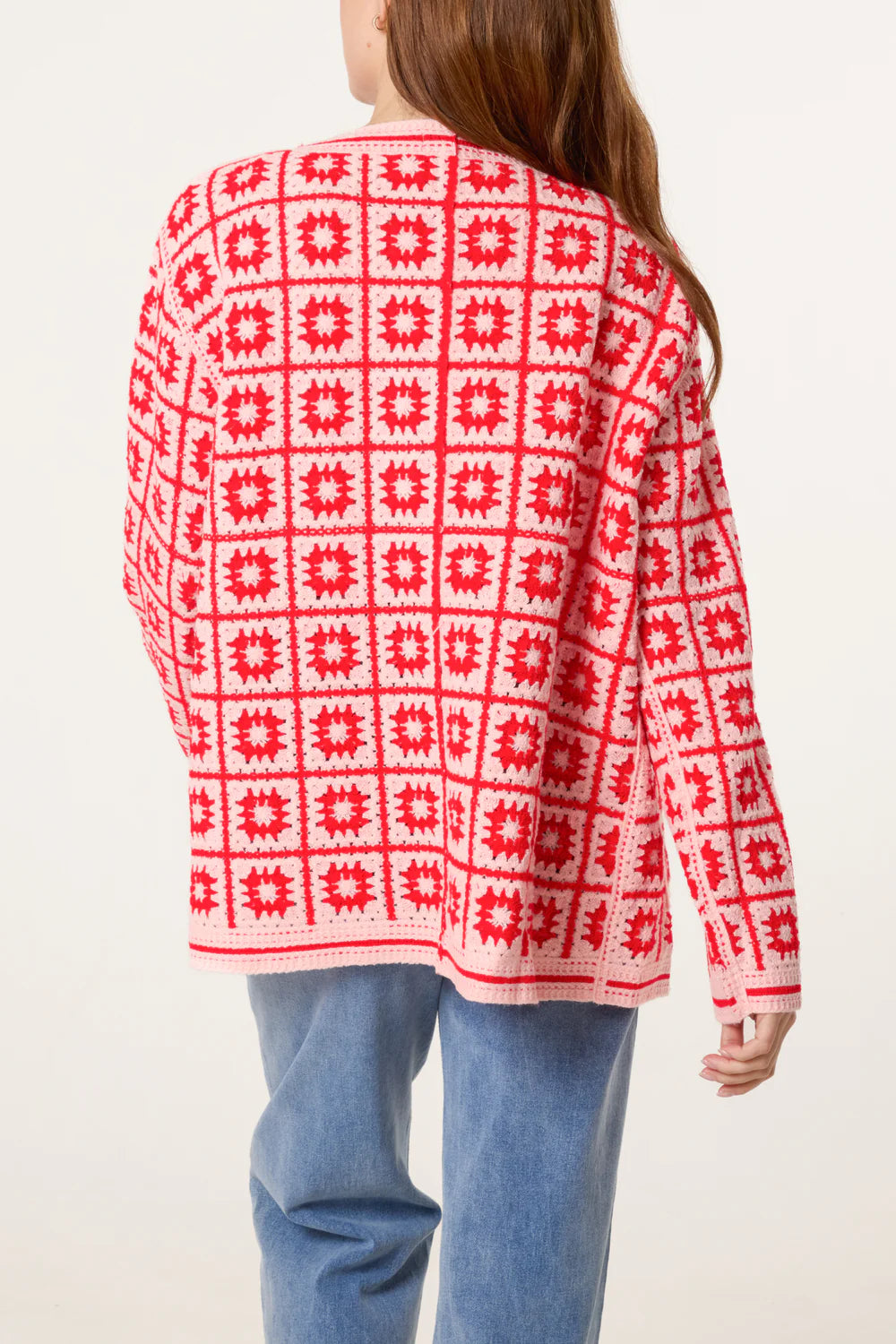 Squares and Floral Crochet Cardigan in Red