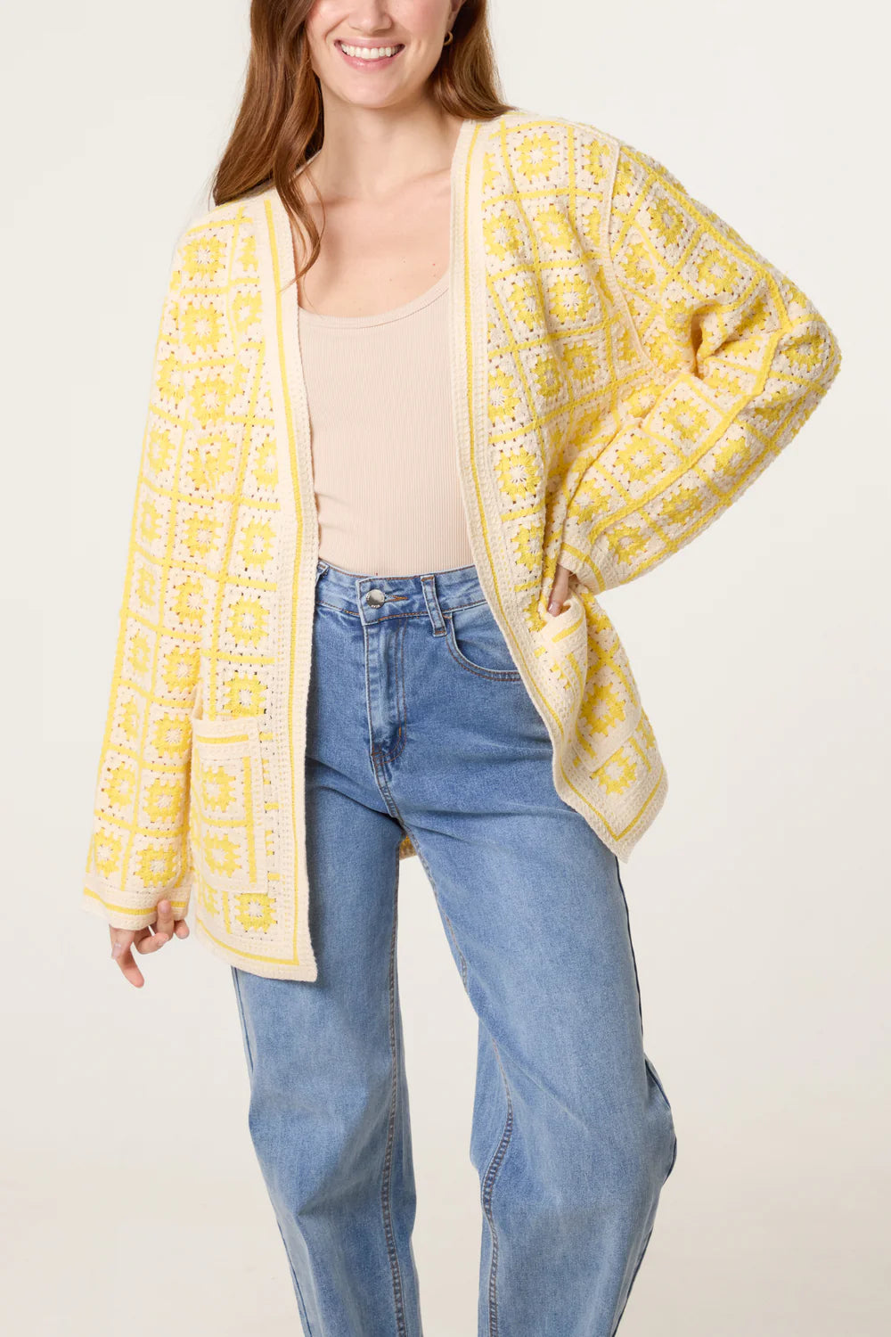 Squares and Floral Crochet Cardigan in Yellow