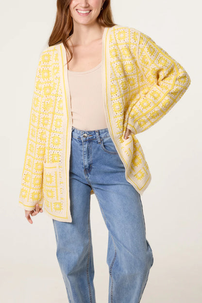 Squares and Floral Crochet Cardigan in Yellow