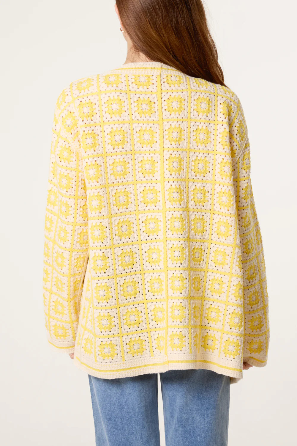 Squares and Floral Crochet Cardigan in Yellow