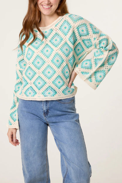 Aqua Diamond Shaped Crochet Jumper