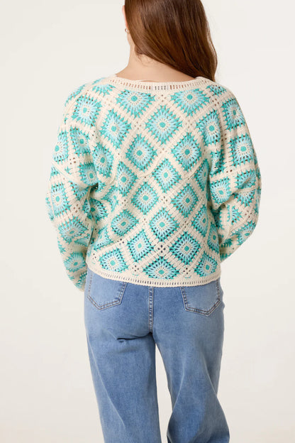Aqua Diamond Shaped Crochet Jumper