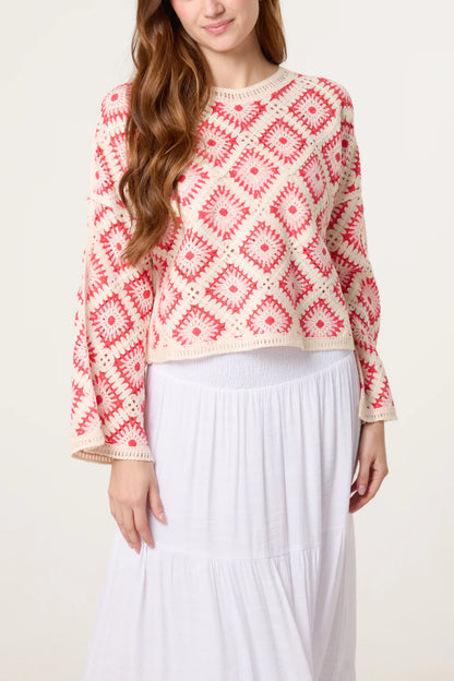 Coral Diamond Shaped Crochet Jumper