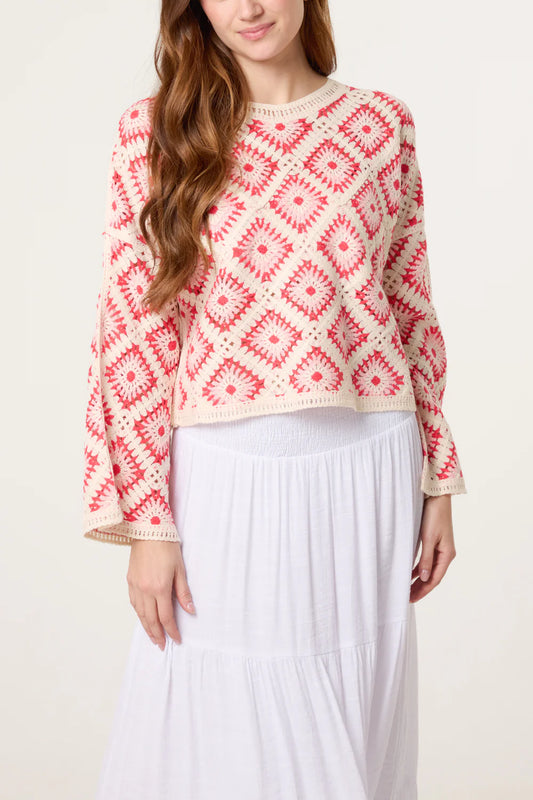 Coral Diamond Shaped Crochet Jumper